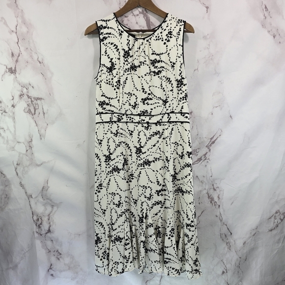 Talbots Dress Women 6 White Black Midi Tank Sleeveless Floral Flounce Hem Office - Picture 1 of 12
